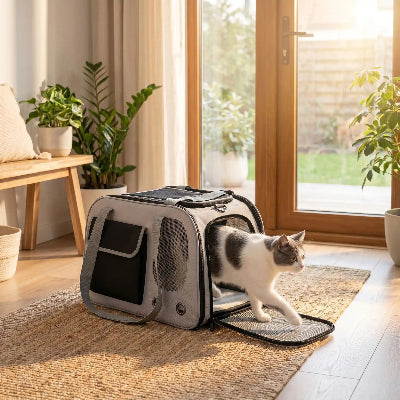 Sac de transport pour chat noir avec chat roux 