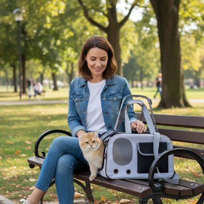Sac de transport pour chat noir porté sur un banc

