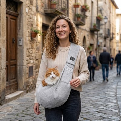 Sac de transport pour chat sling confortable porté dans un village.
