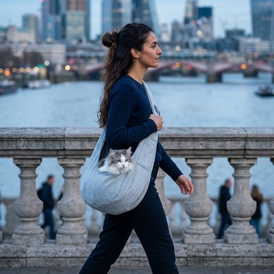 Sac de transport pour chat écharpe molletonnée sur un pont. 
