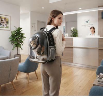 Sac à dos chat noir avec hublot en clinique vétérinaire