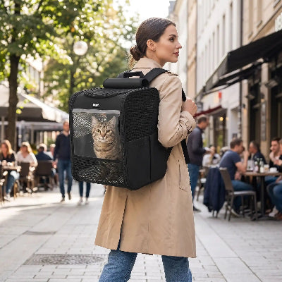 Sac à dos de transport pour chat porté dans une rue urbaine. 