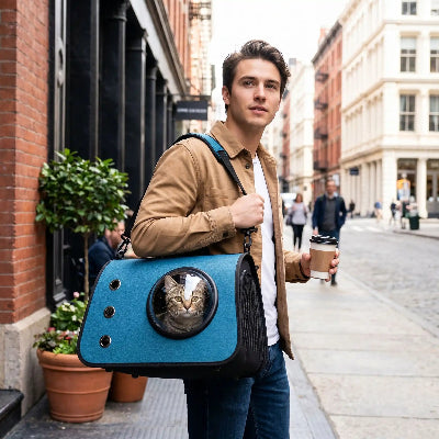 Sac pour transporter chat bleu avec hublot porté à l'épaule par un homme.