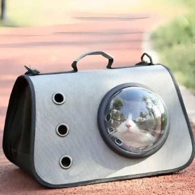 Sac pour transporter chat gris à hublot posé au sol avec un chat.
