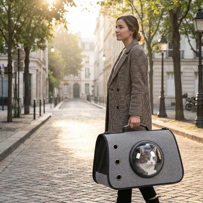 Sac pour transporter chat gris avec hublot tenu à la main en ville.