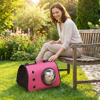 Sac pour transporter chat rose à hublot posé sur l'herbe au jardin.