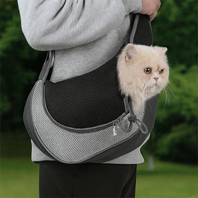 Sac transport chat bandoulière gris avec un chat blanc crème. 