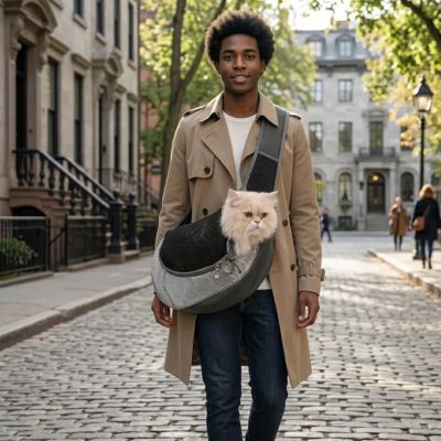Sac transport chat bandoulière gris porté en ville avec un chat.
