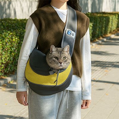 Sac transport chat bandoulière jaune et gris avec un chat tigré.  