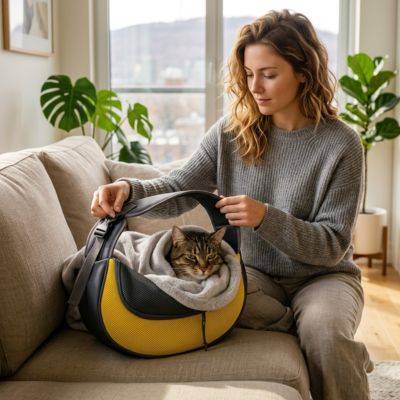 Sac transport chat bandoulière jaune et gris posé sur un canapé.