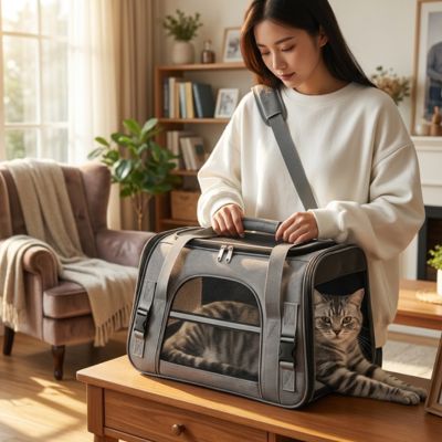 Sac transport chat gris à bandoulière avec un chat tigré.