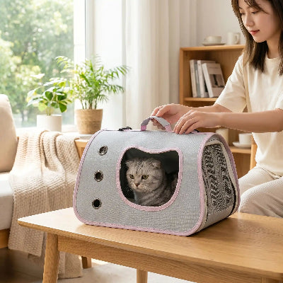 Sac transport chat gris posé sur une table dans un salon. 
