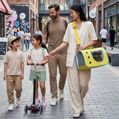 Sac transport chat jaune à hublot porté par une femme en famille.
