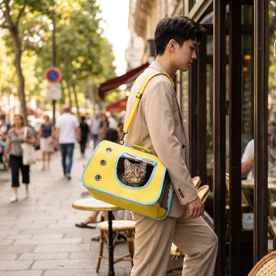 Sac transport chat jaune avec sangle porté à l'épaule en ville.