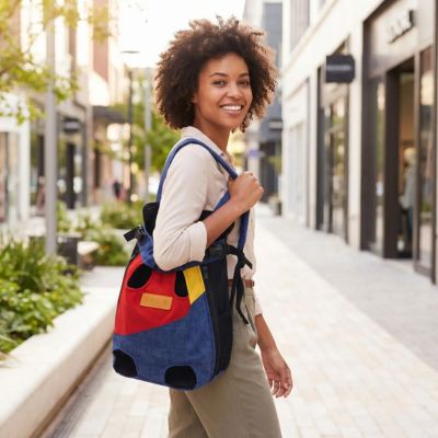 Sac transport chat porté par une femme souriante en rue.
