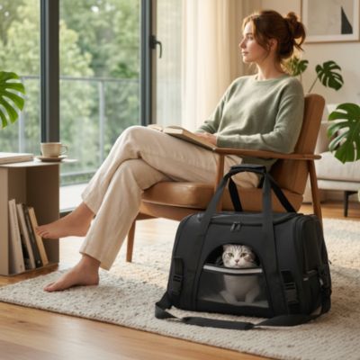 Sac transport chat près d'une fenêtre avec une femme lisant.