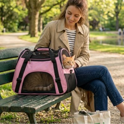Sac transport chat rose en tissu mesh sur un banc