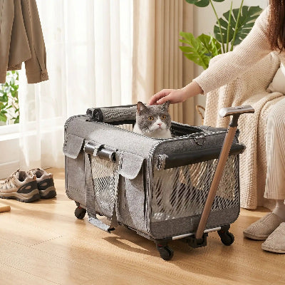 - [ ] intérieur.
Sac transport chat trolley gris avec un chat caressé à l'intérieur.

