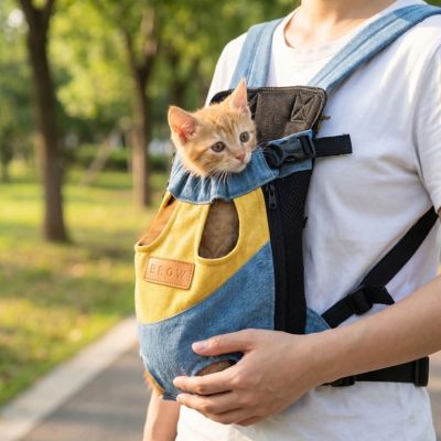 Sac transport chat ventral bleu jaune porté par un homme au parc.
