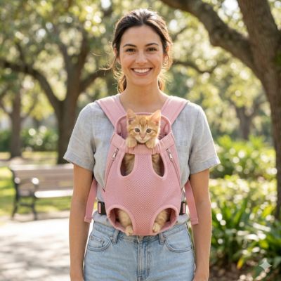 Sac transport chat ventral rose avec un petit chat au parc.

