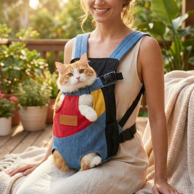 Sac transport chat ventral tricolore avec un chat roux sur une terrasse.