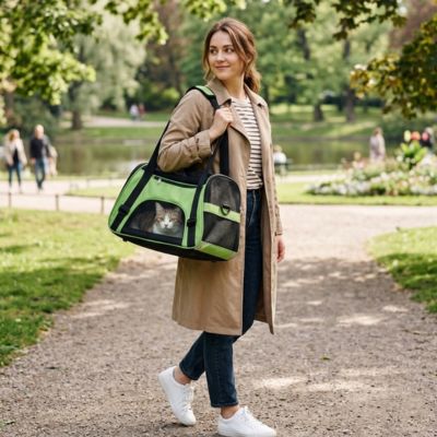 Sac transport chat vert en tissu mesh dans un jardin.
