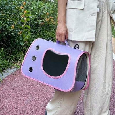 Sac transport chat violet tenu à la main par une femme.
