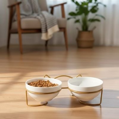 Support incliné avec deux bols pour chat blanc