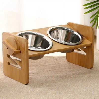 Gamelle surélevée pour chat en bambou inclinable inox