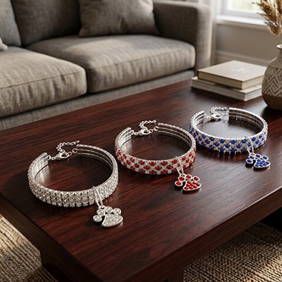 Trois colliers brillants pendentifs pattes strass blanc rouges bleus.