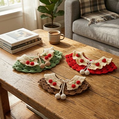 Trois colliers chat collerettes tricotes cerises et fraises sur table.