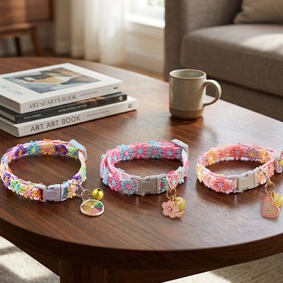Trois colliers chats fleuris colorés pendentifs variés sur table bois.