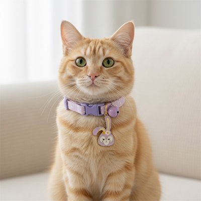 Un adorable chat roux collier chat violet pendentif lapin
