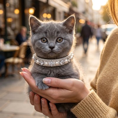 Un chat Sphynx portant un luxueux collier chat en ville.