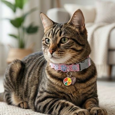 Un chat avec collier chat pasteque dans un interieur lumineux et elegant