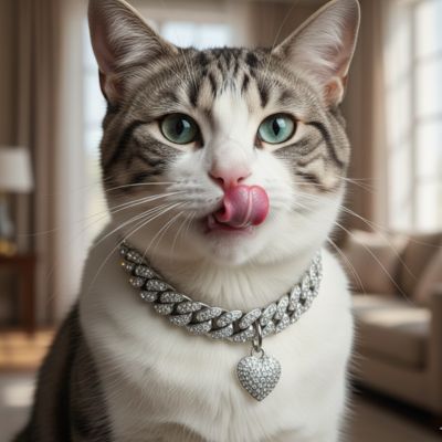 Un chat blanc et gris, avec un collier pour chat bling-bling lèche ses lèvres.