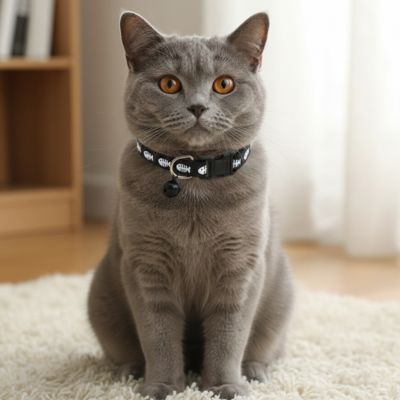Un chat british shorthair gris avec un collier chat noir assise sur un tapis moelleux