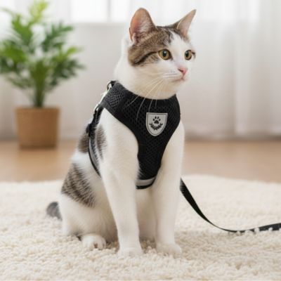 Un chat domestique avec un harnais chat noir assise salon