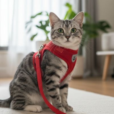 Un chat gris a rayures avec un harnais chat rouge