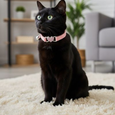 un chat noir élégant avec collier chat rose cœur assise au salon sur un tapis moelleux.