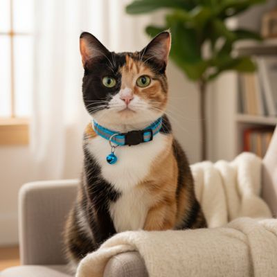 Un chat noir sur une chaise porta son collier pour chat bleu