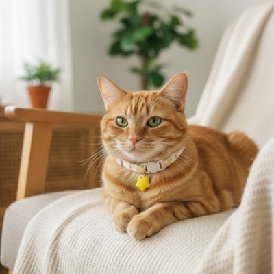 Un chat roux avec un collier chat jaune aux couleurs pastel assis sur un fauteuil.