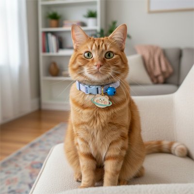 Un chat roux collier chat bleu clochette pendentif ours