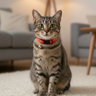 Un chat tigre avec collier anti-etranglement pour chat rouge orne de lunes et d_etoiles dorees assise au salon sur un tapis moelleux