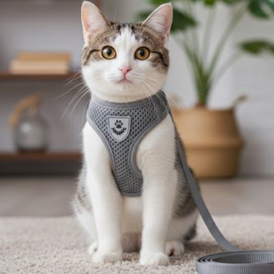 Un chat tigre blanc avec  un harnais chat gris.