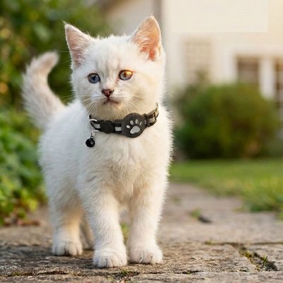 Un chaton blanc aux yeux bleus porte un collier-GPS-Chat noir avec une clochette.