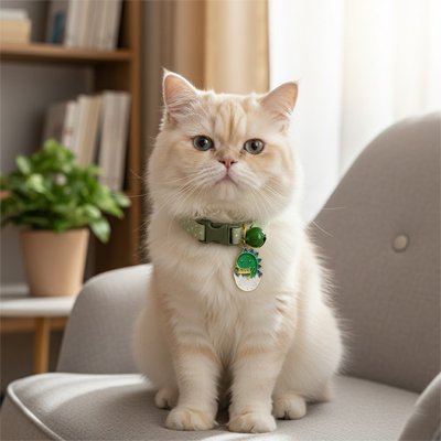 Un chaton blanc avec -un collier chat vert clochette pendentif-dinosaure