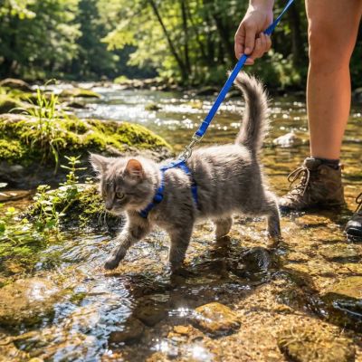 Un chaton gris en harnais chaton bleu et laisse bleue se promene dans un ruisseau