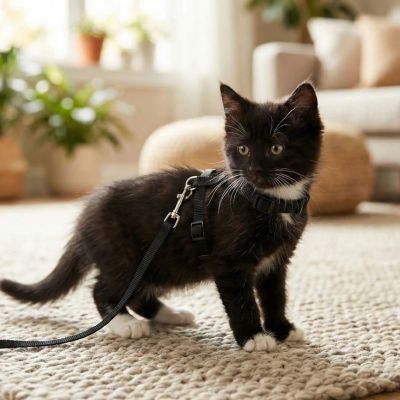 Un chaton noir et blanc portant un harnais chaton noir