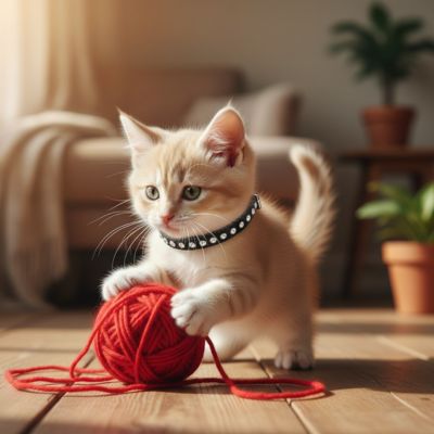 Un chaton portant un collier pour chat noir avec avec une pelote de laine sur un plancher en bois 